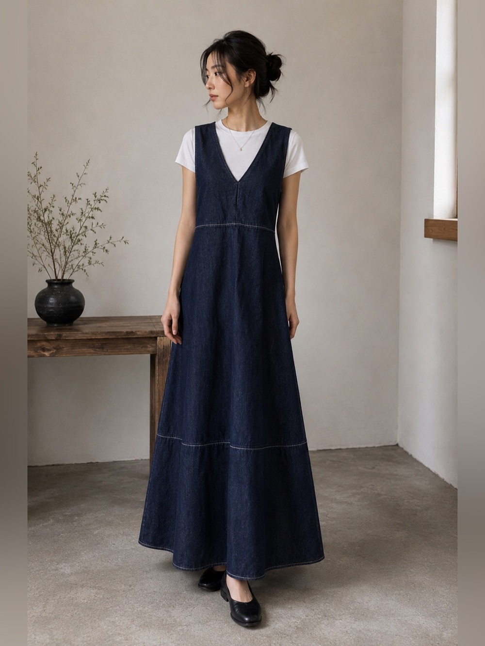 Japanese Denim Pinafore Maxi Dress A-Line Layering Pockets M